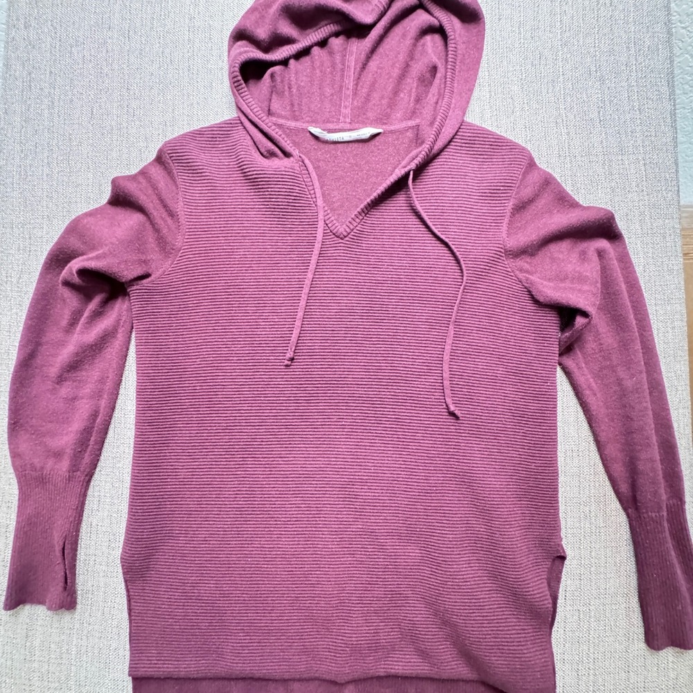 Athleta Womens Ribbed Knit Hooded Sweater Plum Burgundy V-Neck Thumbholes M